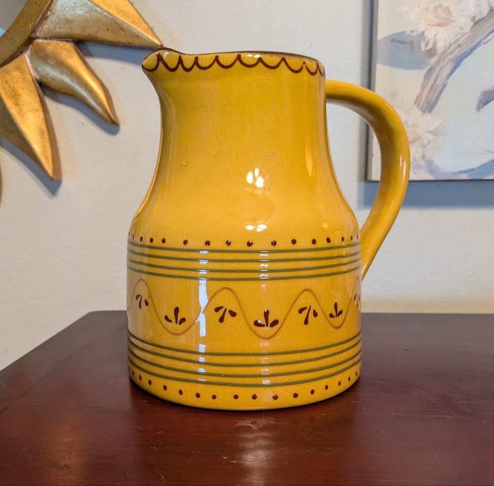 Vintage BF Bobby Flay Yellow Brown & Gray Pottery Pitcher Made in Portugal Shiny